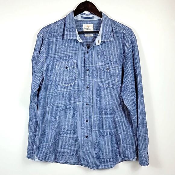 Tommy Bahama Island Modern Fit Chambray Striped Paisley Button Down Shirt - XL - Picture 1 of 7